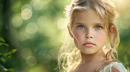 Fototapeta premium Little girl with blond hair and green eyes looking at the camera in a green nature background.