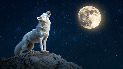 Wolf Howling on a Full Moon Night Starry Sky, Photo Realistic, Wallpaper, Cover and Screen for Smartphone, Cell Phone, PC, Laptop