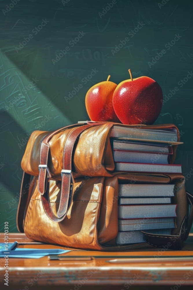 Aufkleber A single apple resting on top of a stack of books, perfect for use in editorial or commercial contexts