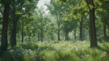 Obraz premium Sunlight Through Trees in a Lush Forest.