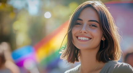 Mulheres sorrindo em evento ao ar livre com bandeiras do arco-íris ao fundo, representando orgulho LGBTQIA+, capturadas por IA generativa.
