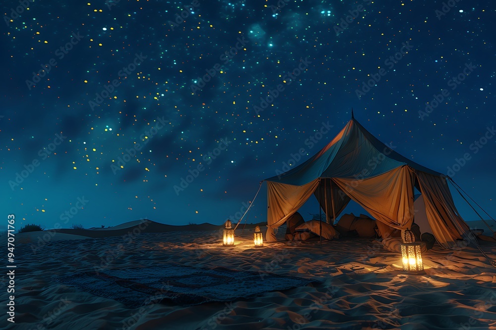 Wall mural camping in the deserts of saudi arabia, soft golden sand and terrain at night, a traditional bedouin