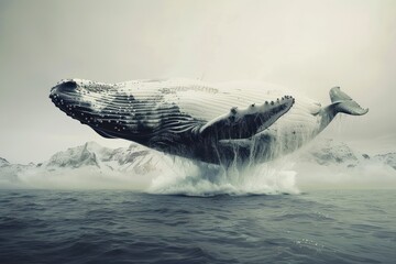 Fototapeta premium Humpback Whale Leaping From Ocean With Mountains in Background