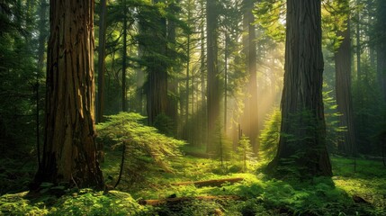 Fototapeta premium Sunlight Streaming Through Ancient Redwood Forest.