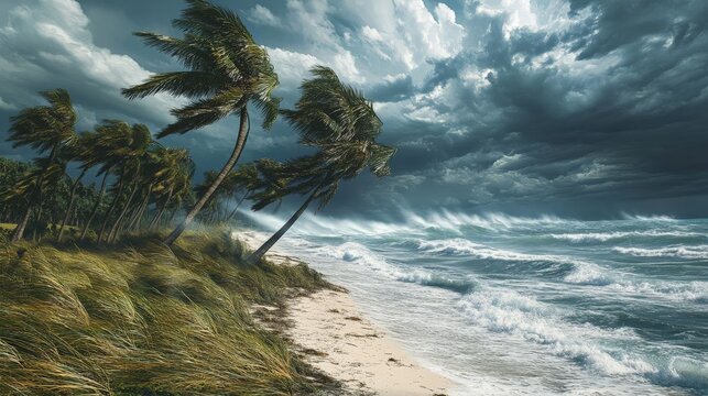 Dramatic scene of stormy weather with strong winds and dark clouds over a turbulent ocean, waves crashing onto a sandy beach lined with palm trees.