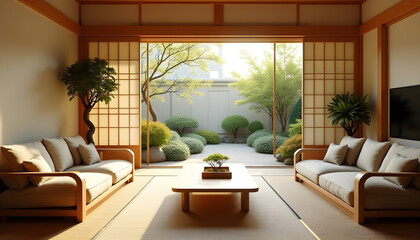 Modern Japanese Living Room with Tatami Mats and Sliding Shoji Doors