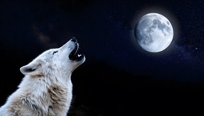 Naklejka premium Wolf Howling on a Full Moon Night Starry Sky, Photo Realistic, Wallpaper, Cover and Screen for Smartphone, Cell Phone, PC, Laptop