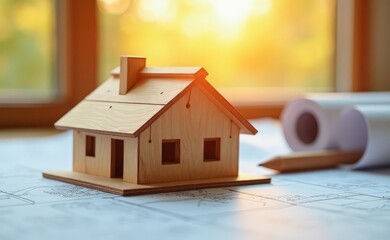 model of a wooden house on a blueprint