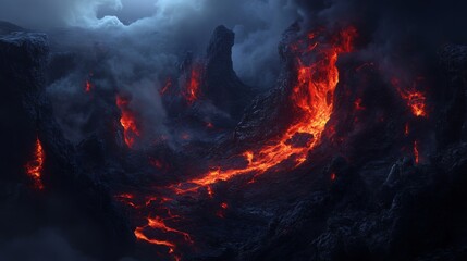 Fototapeta premium A red-hot lava flow from a volcano, with the intense red glow contrasting against the dark volcanic rocks and smoky atmosphere.