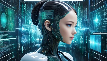 A futuristic AI with a humanoid face, analyzing a complex matrix of data, surrounded by holographic interfaces