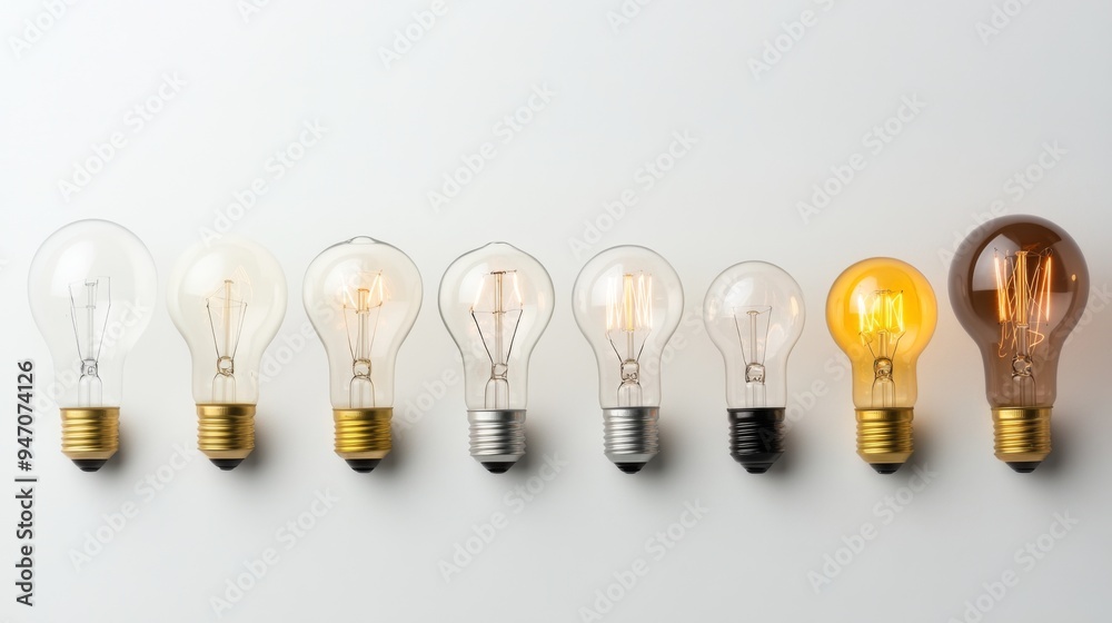Poster a row of different types of light bulbs, from incandescent to led, showcasing the evolution of light