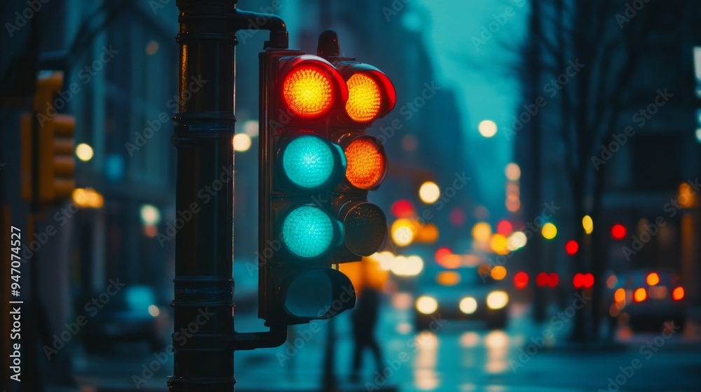 Poster A row of traffic lights changing from red to green in synchronization, capturing the rhythm and order of city traffic in an urban environment.