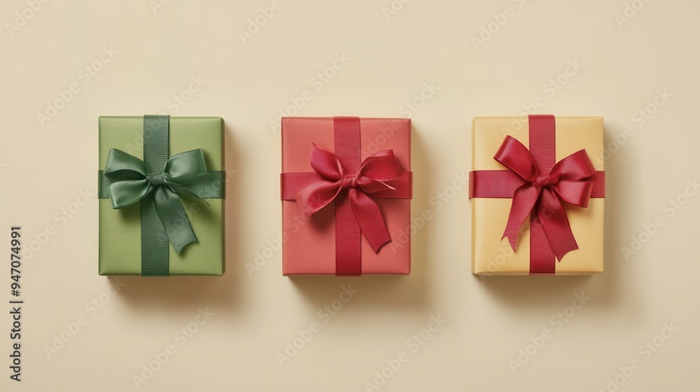 Aufkleber Brightly colored gift boxes with geometric designs feature vibrant ribbons and bows, creating an elegant festive atmosphere for Christmas. Generative AI
