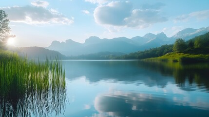 Fototapeta premium A serene landscape scene featuring a tranquil lake with a mountain backdrop, designed for letterboxing, with ample copy space at the top and bottom, ideal for text overlay