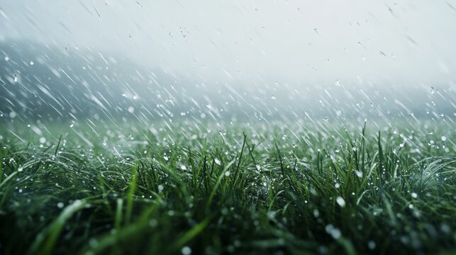Close-up of lush green grass during a heavy rain shower, with water droplets splashing and creating a refreshing natural scene.