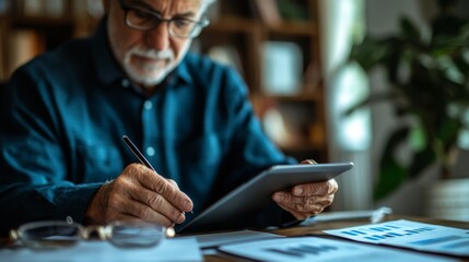 Planning for healthcare in retirement, close-up of a senior reviewing healthcare plans with a tablet and documents