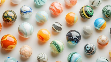 Obraz premium A close-up of a collection of colorful marbles arranged on a light solid color background, showcasing their glossy surfaces and intricate patterns
