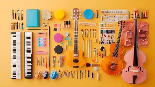A vibrant mashup of musical instruments and art supplies arranged on a light solid color background