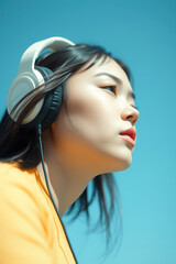 Woman listening to music with headphones against a blue sky