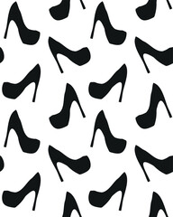 Vector seamless pattern of hand drawn female high heel shoes silhouette isolated on white background