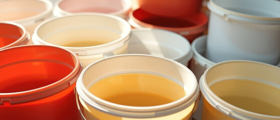 Close Up of White Plastic Buckets with Yellow Liquid