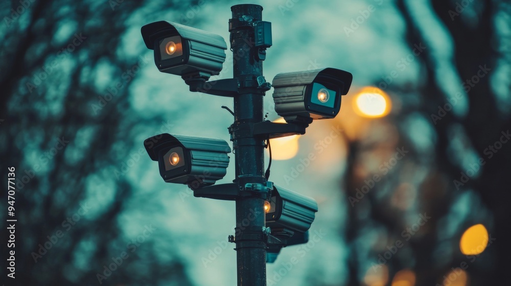 Aufkleber A shot of multiple CCTV cameras on a single pole, each pointing in different directions, symbolizing comprehensive security coverage.