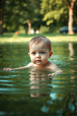 Baby Swimming in a Pond on a Sunny Day