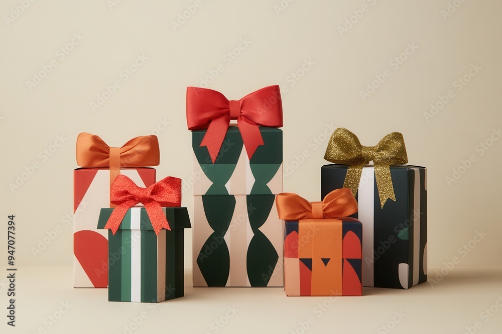 Poster Minimalist gift boxes in geometric forms are adorned with vibrant ribbons and bows, creating a cheerful holiday display for Christmas. Generative AI