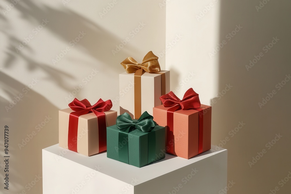 Leinwandbilder brightly colored gift boxes in geometric shapes feature vibrant ribbons, creating a festive and mini