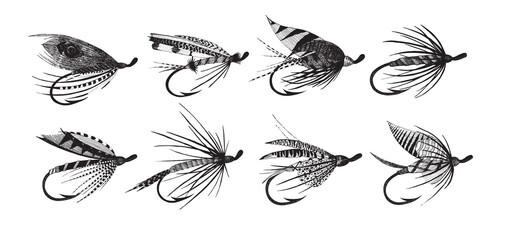 Old-fashioned angling set. Hand drawn by pen and ink fly-fishing nymphs. Victorian fishing hook tied with feathers, lures for salmon and trout. Vector illustration of fly fishing bait.