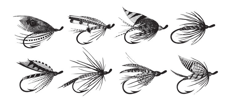 Old-fashioned angling set. Hand drawn by pen and ink fly-fishing nymphs. Victorian fishing hook tied with feathers, lures for salmon and trout. Vector illustration of fly fishing bait.