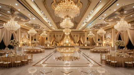 Fototapeta premium Grand Ballroom with Crystal Chandeliers and Golden Decor.
