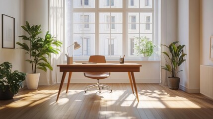 A spacious, minimalist office with a simple wooden desk, a comfortable chair, and large windows providing ample natural light, creating a serene work environment.