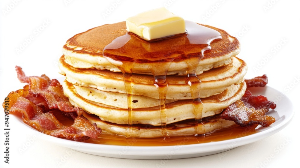 Aufkleber A stack of fluffy pancakes topped with butter and dripping maple syrup, with a side of crispy bacon, all set on a white background for a delicious breakfast scene.