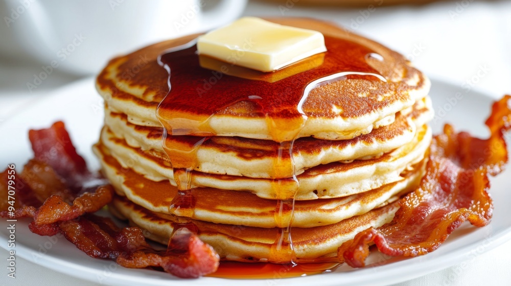 Poster A stack of fluffy pancakes topped with butter and dripping maple syrup, with a side of crispy bacon, all set on a white background for a delicious breakfast scene.