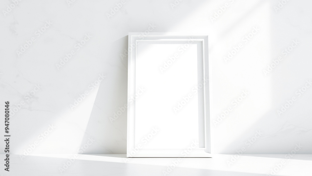 Poster White Frame Against a White Marble Wall with Sunlight