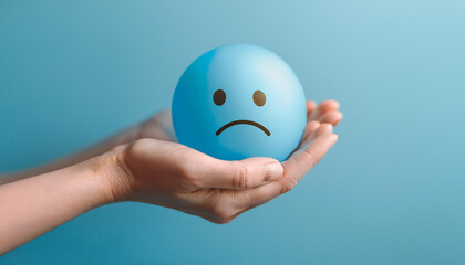 hands of an unrecognizable woman holding a sad emoji face on a light blue background, blue monday concept
