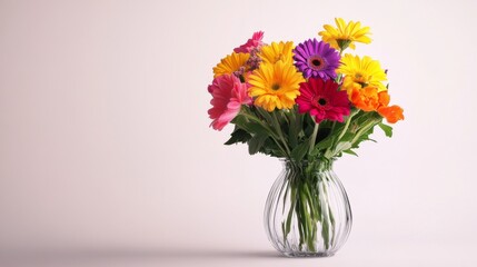 Fototapeta premium A stylish glass vase with a modern design, holding a bouquet of vibrant flowers, set against a clean, white background for a fresh and elegant look.