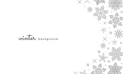 Fototapeta premium 冬をイメージした背景素材。雪の結晶が散らばる透過のベクターイラスト素材。