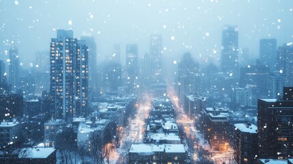 A snowy cityscape during winter with illuminated streets and tall buildings covered in snowflakes under a cloudy sky.