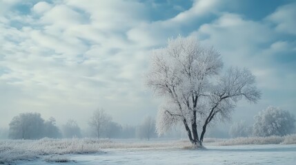 A serene winter landscape with a frosty tree standing alone in a snow-covered field under a cloudy blue sky.