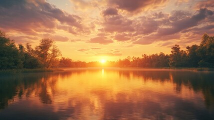 Fototapeta premium A serene sunset by the lake, with vibrant colors reflecting on the water and trees lining the shore beneath a dramatic sky.