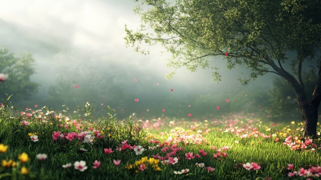 A serene meadow with colorful flowers and a large tree, bathed in soft sunlight and surrounded by lush greenery and mist.