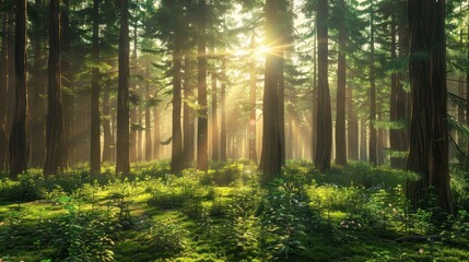 Fototapeta premium Sunrays Filtering Through Dense Forest.