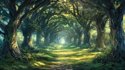 Sunlit Path Through Ancient Forest.
