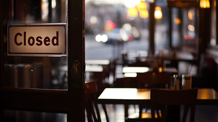 Dimly lit restaurant interior with "Closed" sign on door, empty dining area symbolizing temporary business shutdown, tables and chairs visible through window