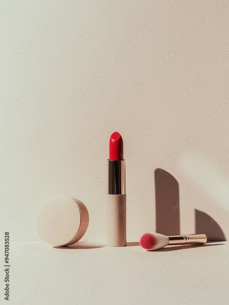 Poster A visually appealing display of a red lipstick, makeup brushes, and powder placed neatly on a soft light backdrop. Generative AI