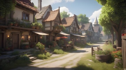 Obraz premium charming village with cozy, ivy-covered cottages lining a cobblestone path, illuminated by warm streetlights, set amidst lush greenery under a soft, golden sunset.
