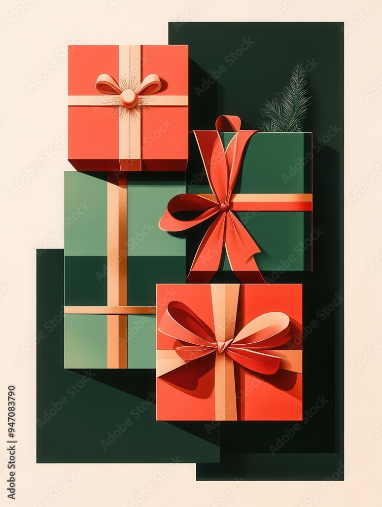 Aufkleber Brightly wrapped minimalist gift boxes in geometric shapes feature bold ribbons and bows, creating a festive holiday atmosphere. Generative AI