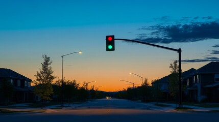 A traffic light suspended over a quiet suburban street at dusk, with the green light signaling the way forward, under a peaceful evening sky.